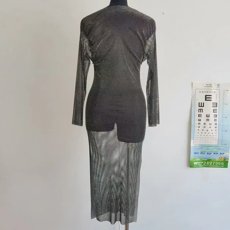 2023 neue Sexy Ärmellose Glitter Strass Kleider Fischernetz Mesh Sehen Durch Rundhals Midi Kleid Party Frauen Vestidos – Detail 9