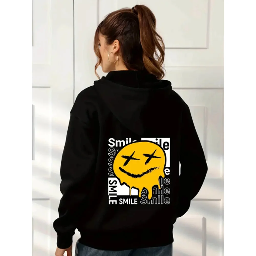 

Smile Face & Letter Print Hooded Shirt Loose Long Sleeve Drawstring Kangaroo Pocket Pullover Sweater Women's Sweatshirt