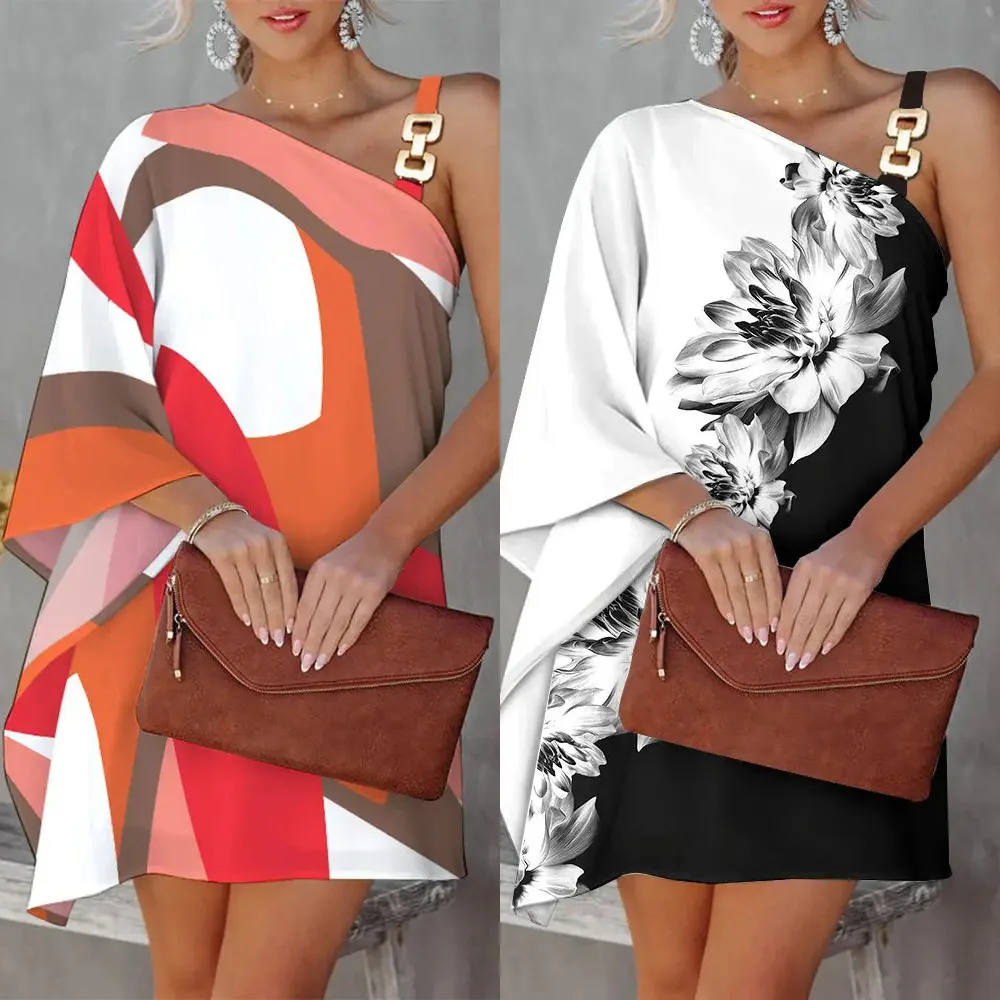 

Printed Sexy Diagonal Collar Strapless Dress New European & American Women's Clothing Bell Sleeve A-Line Elegant Dress