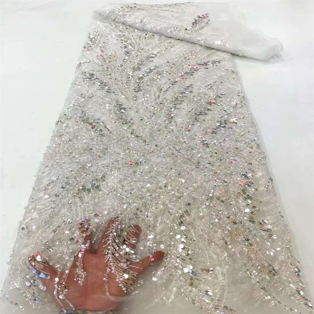 

African Lace Fabric 2022 Sequins Beads Embroidery Nigerian Lace Bridal High Quality French Tulle Lace Fabric For Wedding XC-375