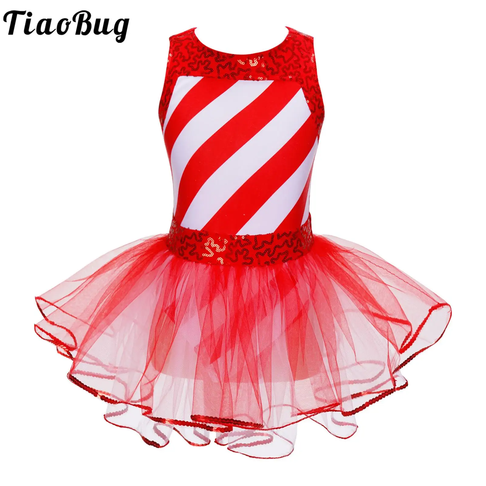 

Kids Girls Christmas Ballet Dance Tutu Dress Candy Cane Santa Claus Costume Sequins Striped Figure Skating Leotard Dancewear