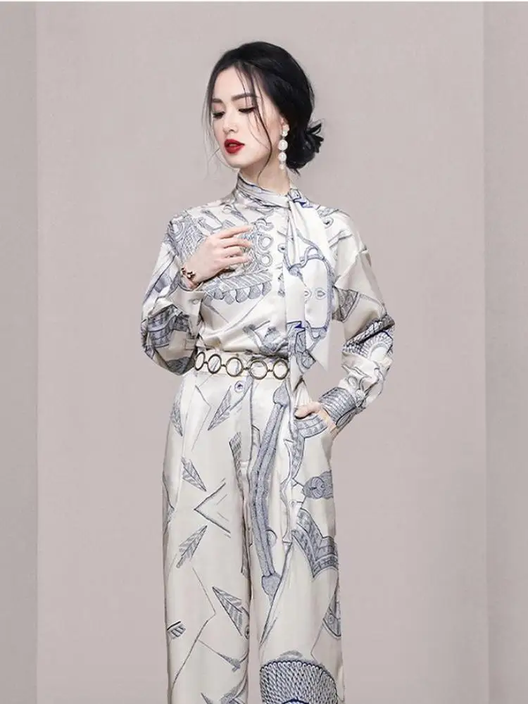 Loose Printing Spring Clothes Pants Two Piece Set Women's Long Sleeve Shirt + High Waist Casual Trousers Ladies Fashion 2024 New