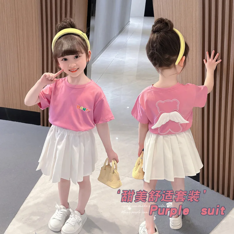

Children's and girls' sets 2023 summer new Korean version of angel bear foreign style short sleeve skirt two-piece fashion