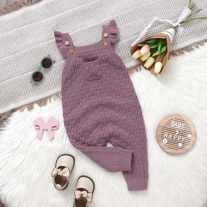 Focus norm 0-18m 4 Farben Auutmn Baby Mädchen Jungen Stram pler feste Rüschen Fliegen ärmel fallen Strick Overalls Overalls Pullover – Detail 7