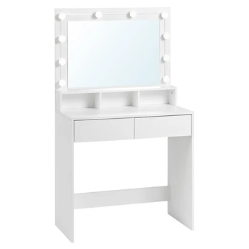 Toeletta in legno bianco per trucco, tavolo cosmetico con illuminazione a LED regolabile, comò a specchio per la camera da letto delle donne Gilrs 1