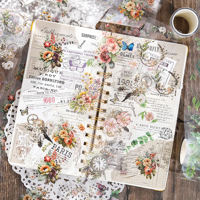 200cm/롤 애완 동물 복고풍 꽃 테이프 흰색 잉크 컷 필름 다채로운 꽃다발 시리즈 특수 모양의 핸드북 조경 재료 스티커