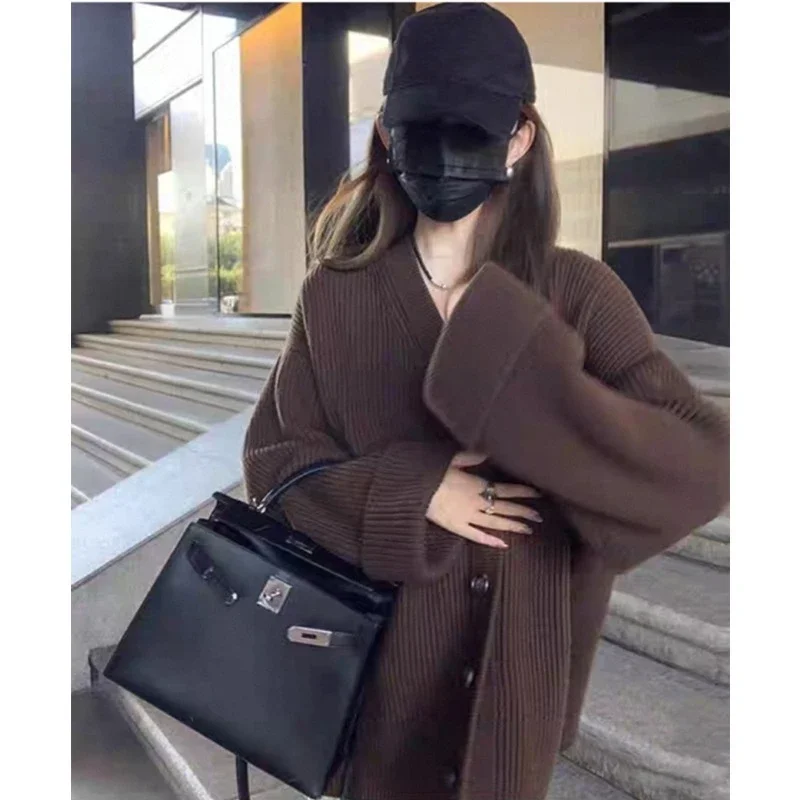 Women's New Fashion Cardigan Sweater Casual Solid Color V-neck Button Single-breasted Knitted Medium and Long Coat