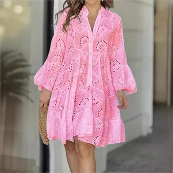 Sweet Girlish Style Solid Color Lace Dress With V-neck Pullover A-line Loose Lace Hollow Lantern Sleeves For Women's Midi Dress