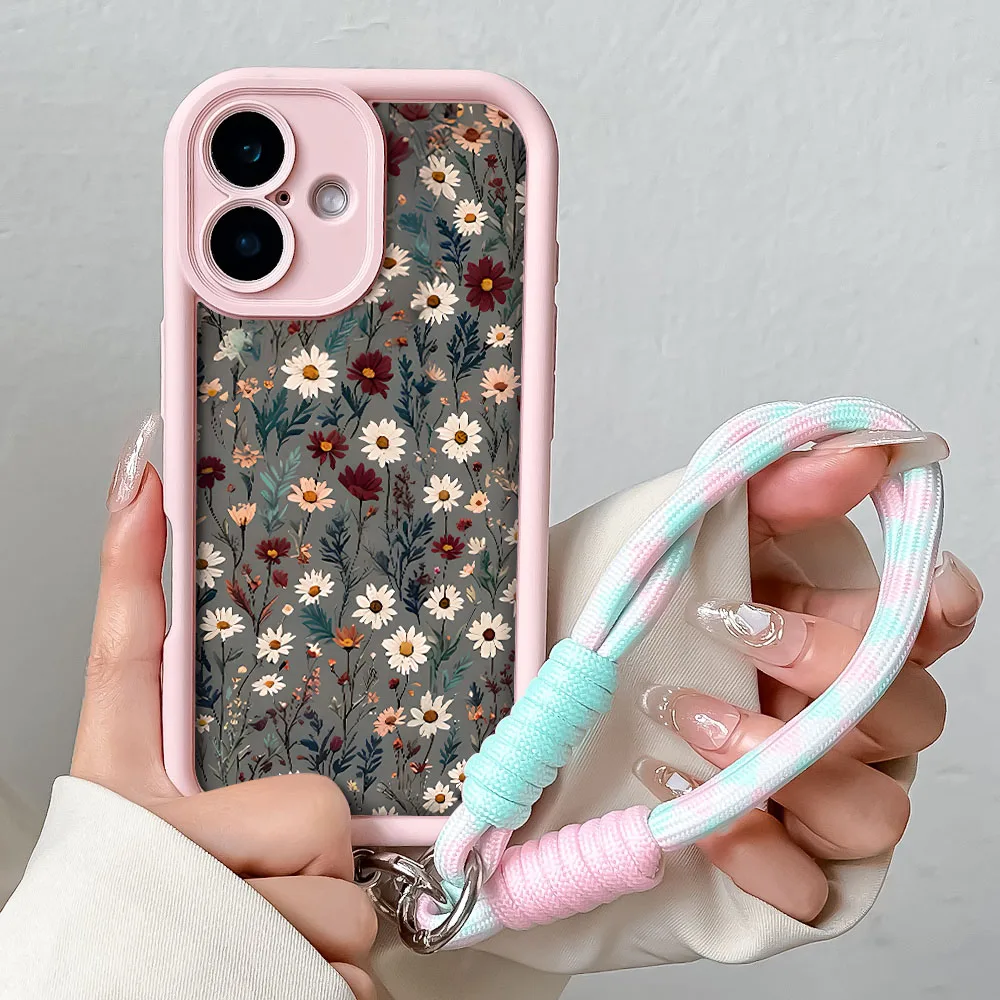 Elegant Daisy Flower Phone Case with Wrist Chain and Hand Strap