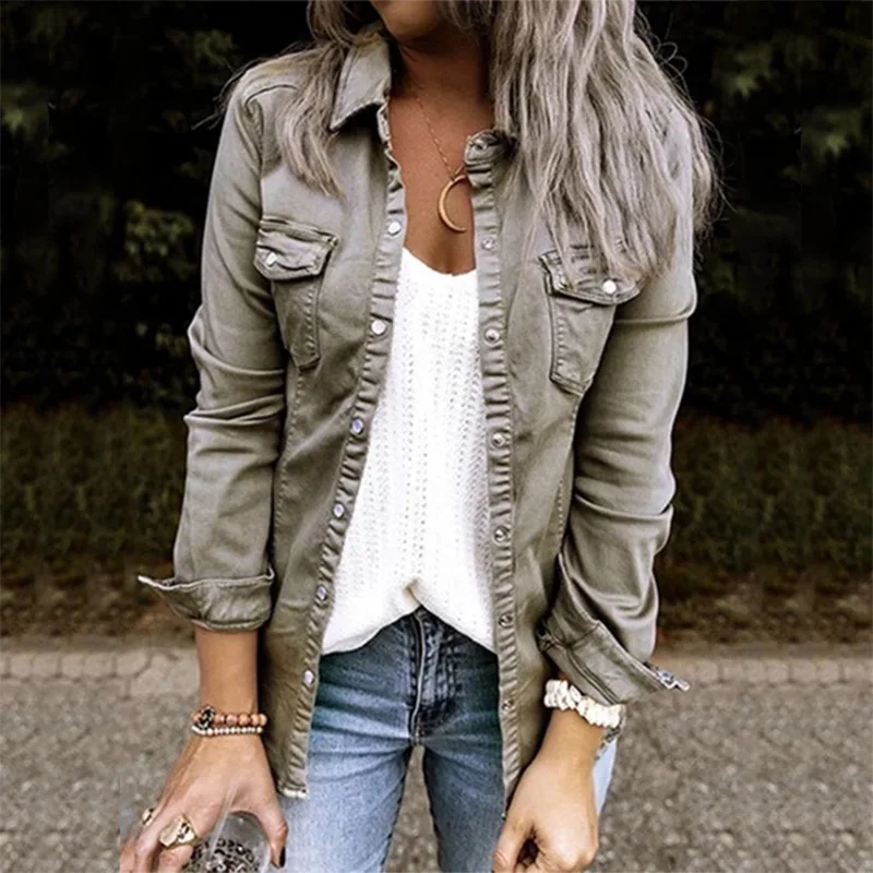 Women's Casual Denim Jacket, Thin Coat, Single Breasted, Turn Down Collar, Monochromatic, Slim Female Jackets, Spring, Autumn