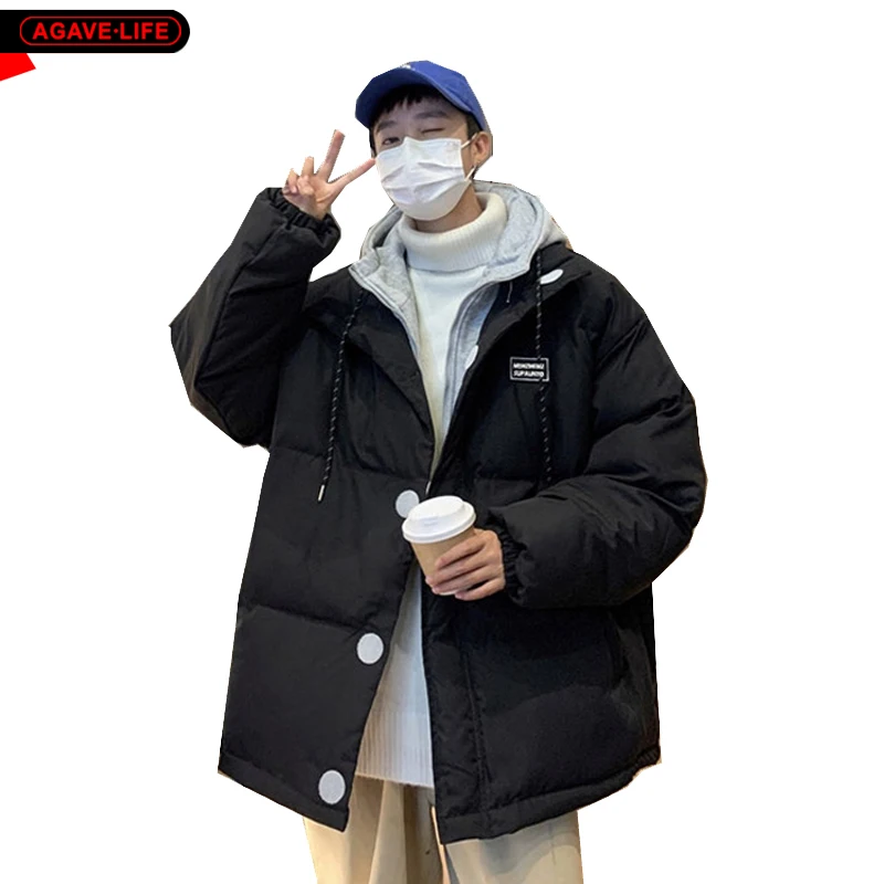 

Fake Two-piece Cotton-padded Coat Men Winter Warm Thick Parkas Handsome Male Loose Contrast Color Hooded Bread Coat Cardigan Top