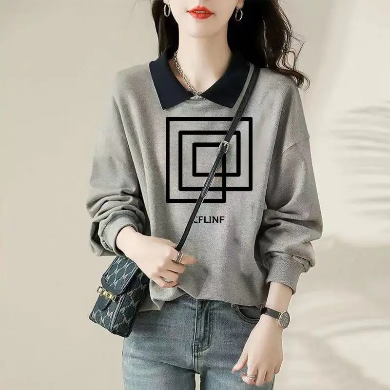 

Women Korean Style Print Polo Collar Simple Sweatshirts New Spring Autumn Casual Long Sleeve Loose Pullover Tops Female Clothing