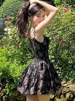 2023 Sexy Women Black Flower Print Spliced Mesh Bra Corset style Mini Dress Slim Waist Party Skater Bow Lacing up Sling Robe - Image 3