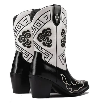 YAOJING Sexy ladies with mid heel boots. Black leather mid boots. About 6.5 cm heel height. Mid calf boots for womenEmbroidered