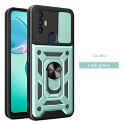 Shockproof Armor Slide Lens Protect Case with Magnetic Holder Ring Stand Back Cover for TCL 30 SE 4G (Drak green)