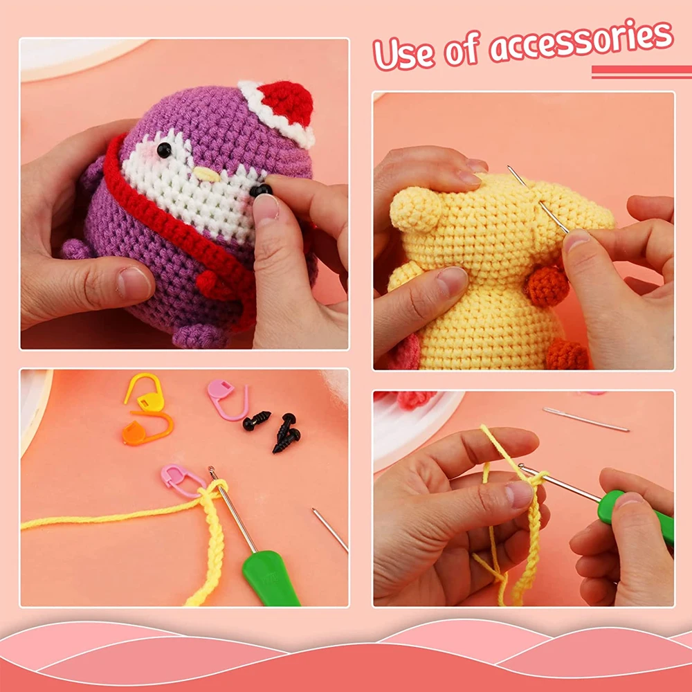 초보자용 노란색 공룡 보라색 펭귄 DIY 크로 셰 뜨개질 동물 키트, 원사 무작위 색상 후크 뜨게 액세서리
