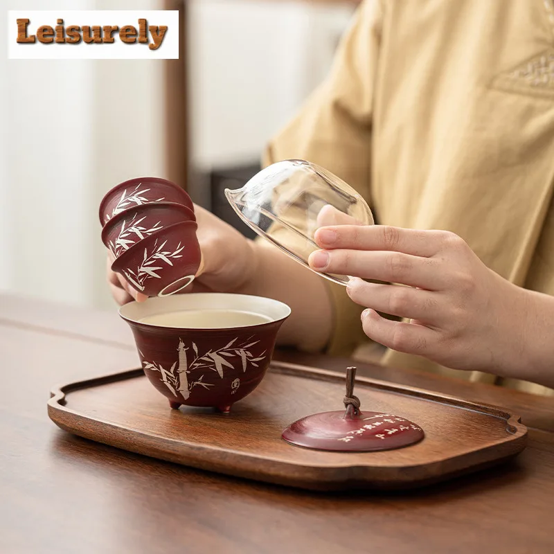 Power Yin Hawthorn Red Bamboo Travel Tea Set Kit Aesthetic 1 Pot 3 Cups Tea Maker Organizer Portable Outdoor Tote Bag Supplies