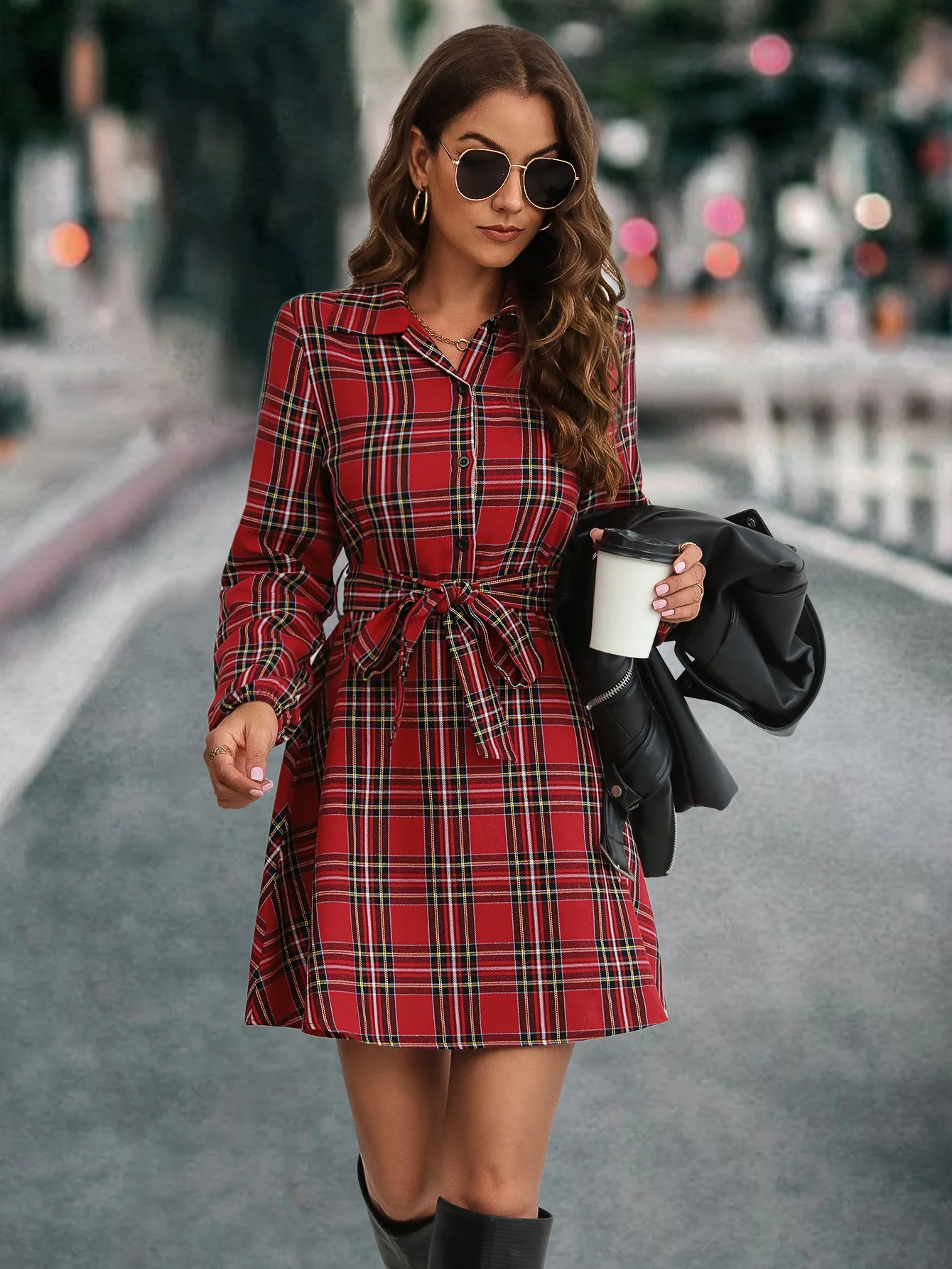 

2023 Autumn/Winter New Urban Style Women's Dress Elegant A-line Dress Lantern Sleeve Plaid Shirt Comfortable Dress