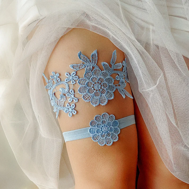 

Blue Lace Wedding Garter Set for Bride Party Bridal Leg Ring Loop Garters