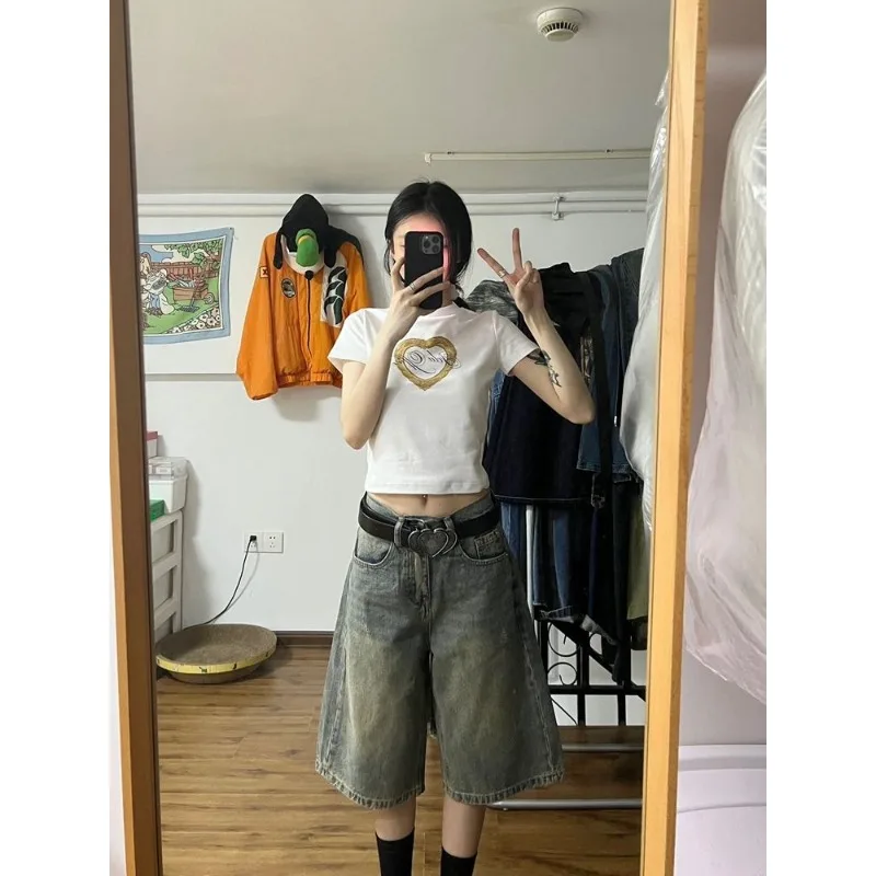 Deeptown Vintage Oversized Short Jeans Women High Waist Straight Jorts Y2k Hip Hop Causal Summer Denim Trousers Harajuku Gyaru