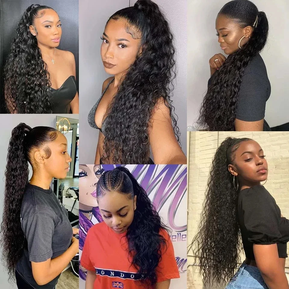 3032인치 워터 웨이브 랩 어라운드 포니테일 100% 인모 포니테일 연장 여성용 몽골리안 헤어