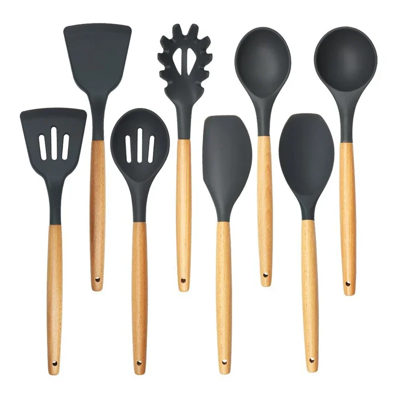 Silicone Spatula Spoon Soup Ladle Slotted Turner Pasta Server Non-stick Kitchen Utensils Silicone Cooking Tools with Wood Handle