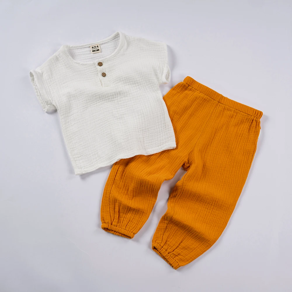 

Summer Muslin 100% Cotton Children Suits Short Sleeves+Linen Pants Clothes Sets Soft Boys Girls High Quality Organic Kid Outfits