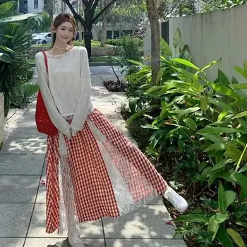 Elegante Minigonna a Quadri con Inserti in Pizzo Stile Retrò, Gonna a Vita Alta, Design Snellente, Nuovo Stile Primavera-Estate, Elegante per l'Ufficio