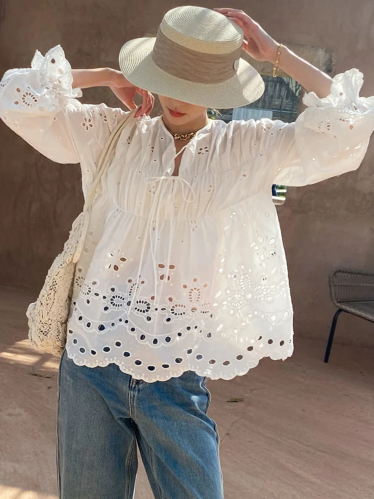 

GypsyLady French Chic White Blouse Shirt Women Summer Loose Floral Embroidery Hollow Out Ruffles Long Sleeve Casual Ladies Tops