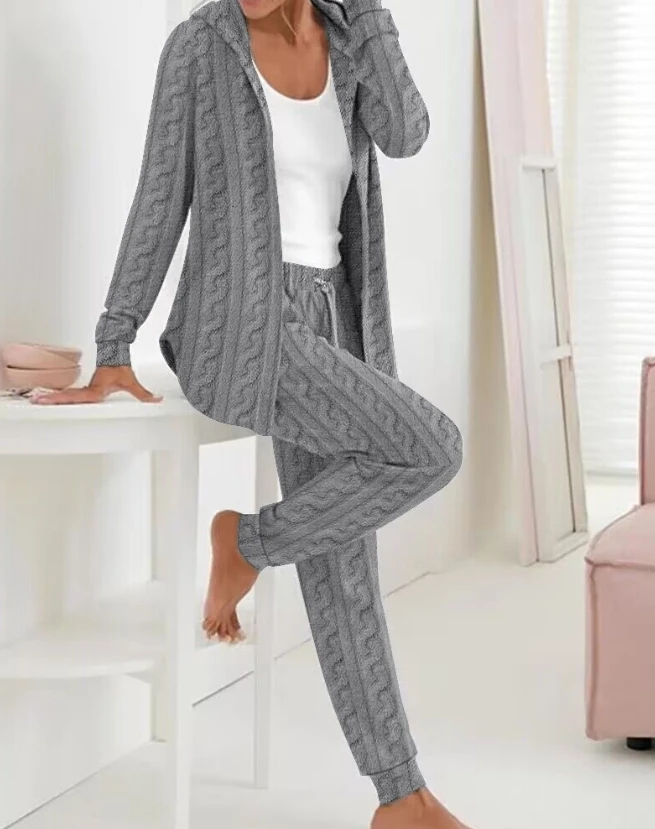 

2 Piece Set Women Outfit 2023 New Casual Fuzzy Textured Fleece Long Sleeve Cardigan Hooded Top & Drawstring Slim Fit Pants Set