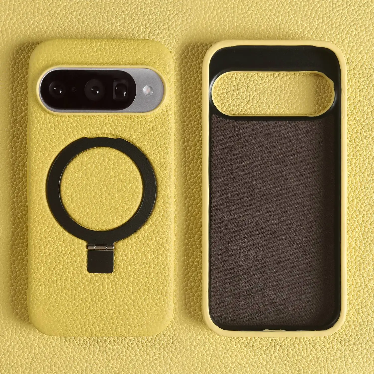 Genuine Leather Magnetic Ring Stand Phone Case with Stand & Magnetic Back Cover
