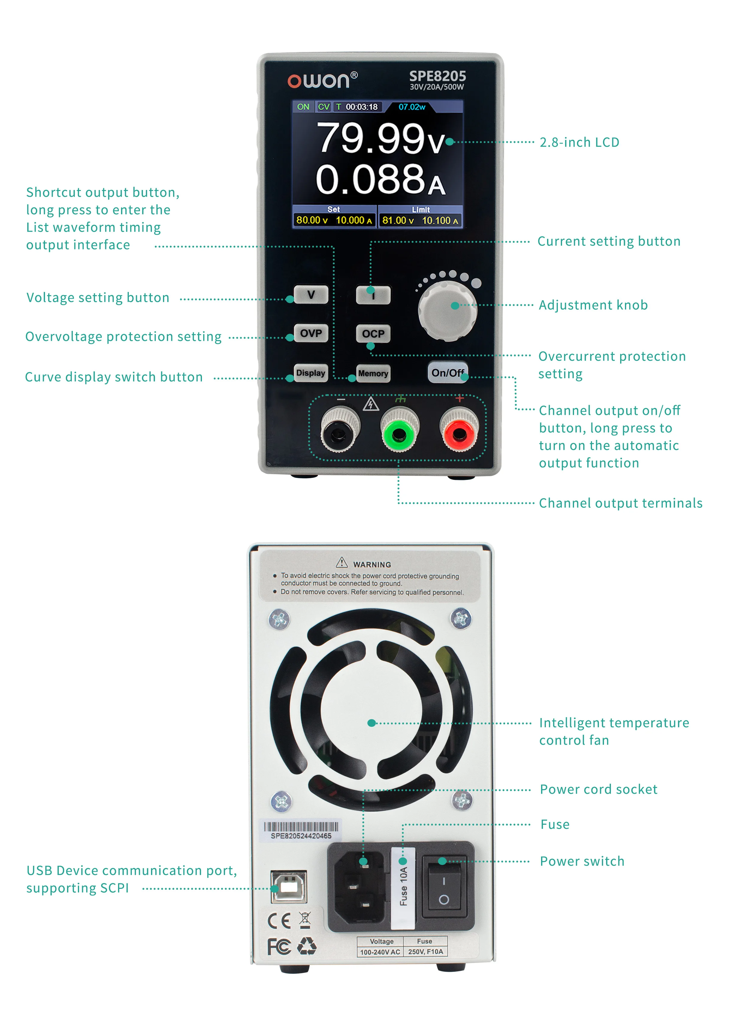 SPE8205 SPE8105 Programmable DC Power Supply, 80V 10/20A 500W Portable Laborator
