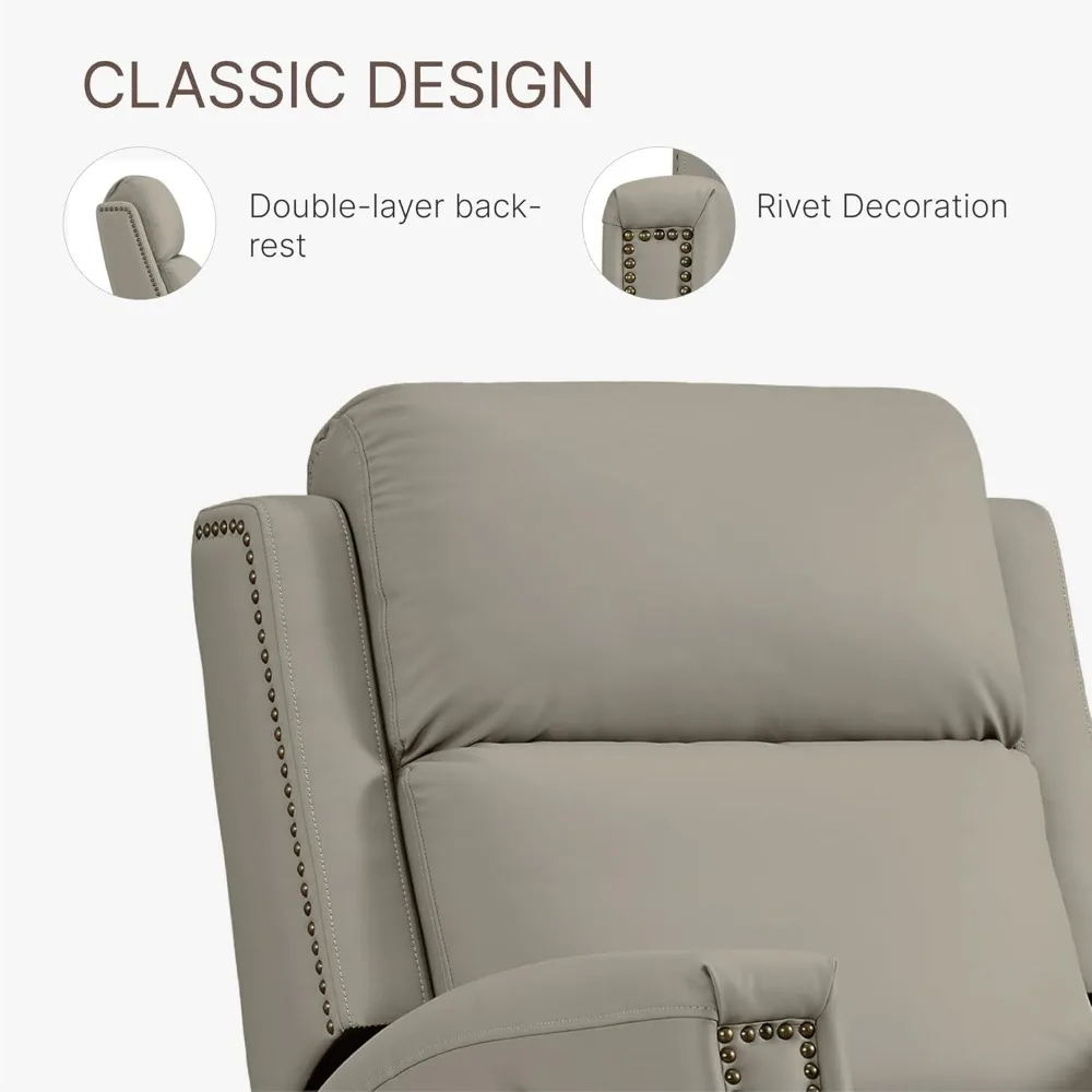 Leather Recliner Chair Swivel Rocker Manual Single Sofa with Rivet Decoration for Living Room Bedroom Home Theater Seating, Gray