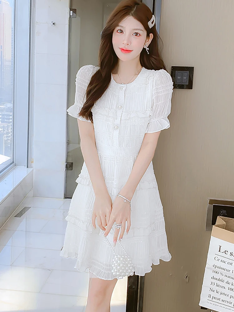 

2023 White Chiffon Pleated Short Sleeve Dress Summer Fashion Chic Ruffled Luxury Dress Women New Korean Elegant Casual Y2k Dress