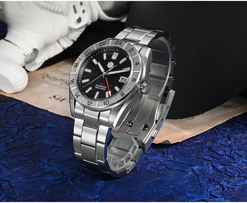 San Martin Men GMT Watch 42mm Automatic Mechanical Wristwatch 100M Waterproof Luminous Sapphire NH34 Natural MOP Dial