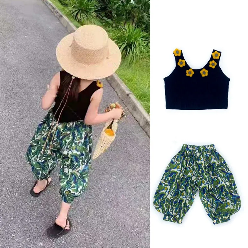 

Girls Green Floral Bloomers Mosquito Repellent Pants + Flower Vest Two Sets Toddler Girl Clothes Fashion Clothes