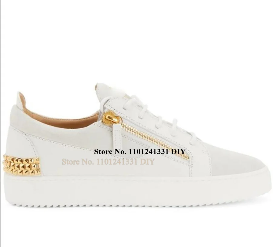 

White Leather Studded Shoes low Top Sneakers Men Side Gold Zipper Rivet Tone Board Casual Shoes Zapatillas Chaussure Man's Flats