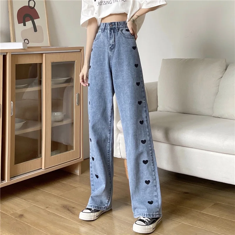 Women's Jeans Button High Waisted Jeans for Women Y2k Trousers for Girls Wide Leg Jeans Long Pants High Waist Embroidered Heart buckle jeans