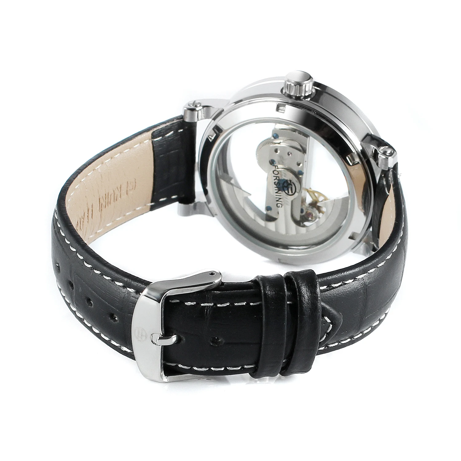 Silver Watch Hollow out round nail scale Mechanical leather strap Wrist watch Men's and women's watches
