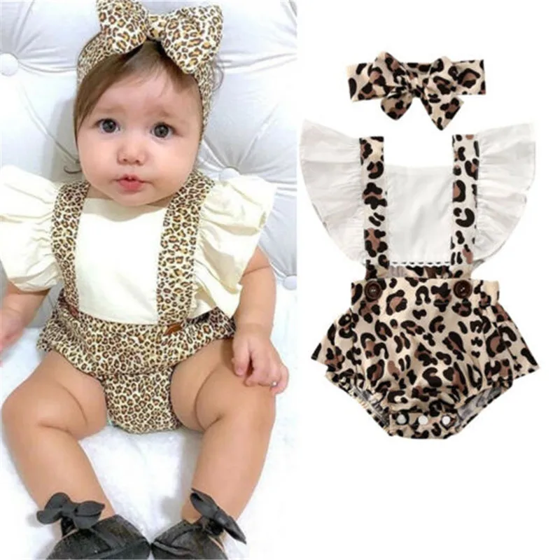 024m Baby Girl Leopard Print Bodysuit Backless Flying Sleeve Square