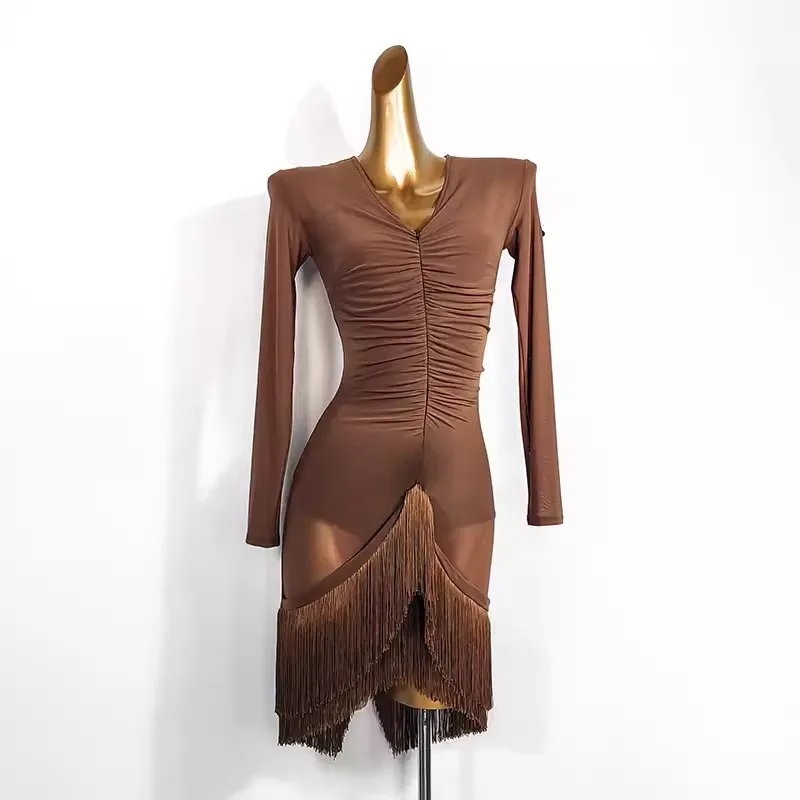 

Long Sleeve Fringe Latin Dance Dress Adult Women Competition Costume Brown ChaCha Samba Rumba Dance Performance Dresses VDB7394