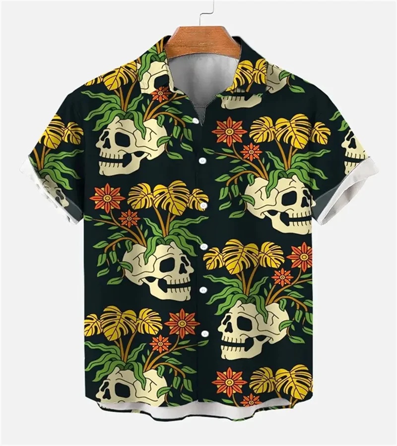 Vintage Skull Floral Men's Shirts Funny Skull 3D Print Streetwear Short Sleeve Tee Hawaiian Shirt Print Lapel Shirts For Men