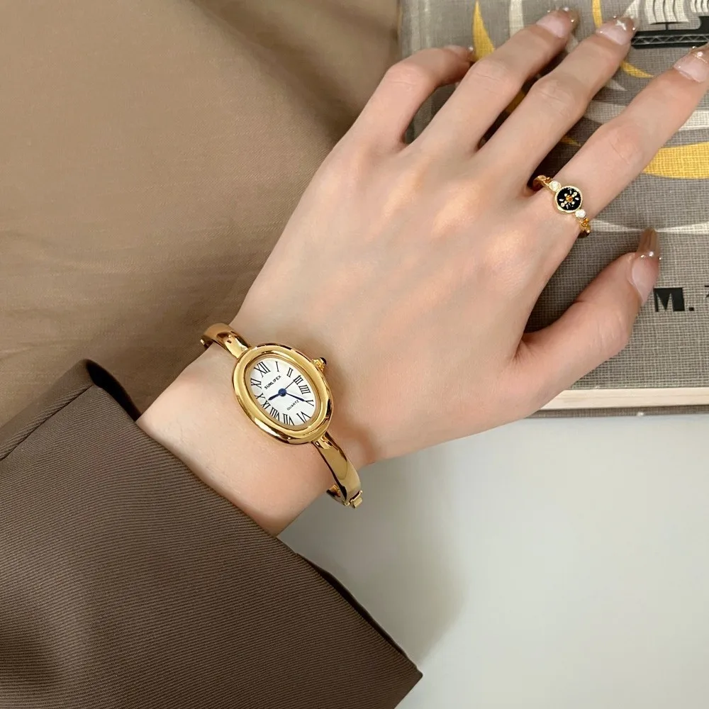 Women Watches Bathtub High end Rose Gold Light Luxury Round Metal Bracelet Quartz Jewelry Gift
