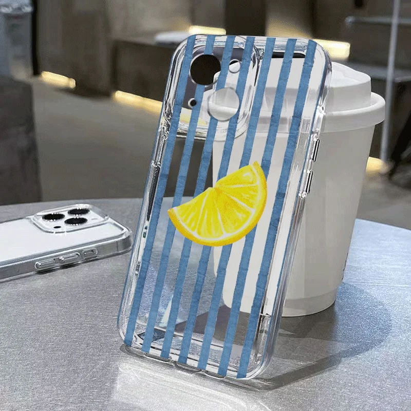Stylish Blue Striped Yellow Lemon Printed Phone Case - Clear Soft Cover