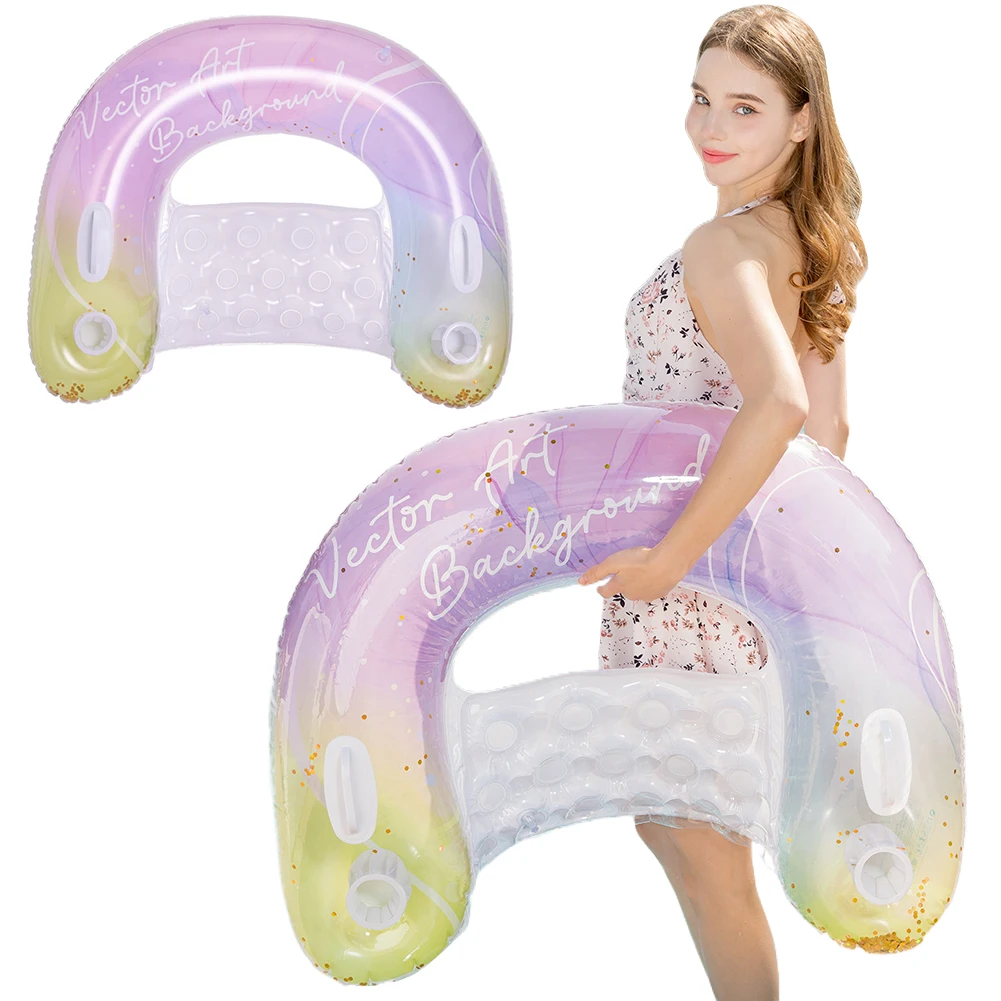 Glitter Sequin Inflatable Pool Float with 2 Cup Holders Pool Lounger Pool Floaties for Swimming Pool Party Summer Water Fun