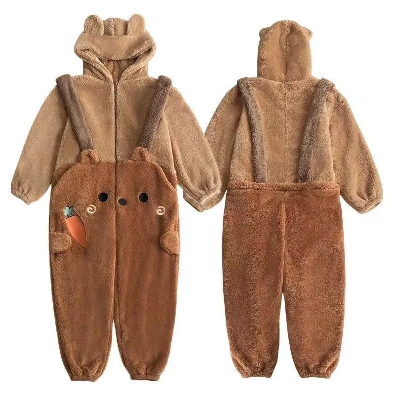 Winter Thickened Coral Velvet Nightgown Onesie Kigurumi Kawaii Brown Bear Cartoon Cosplay One-piece Pajamas Women Loungewear
