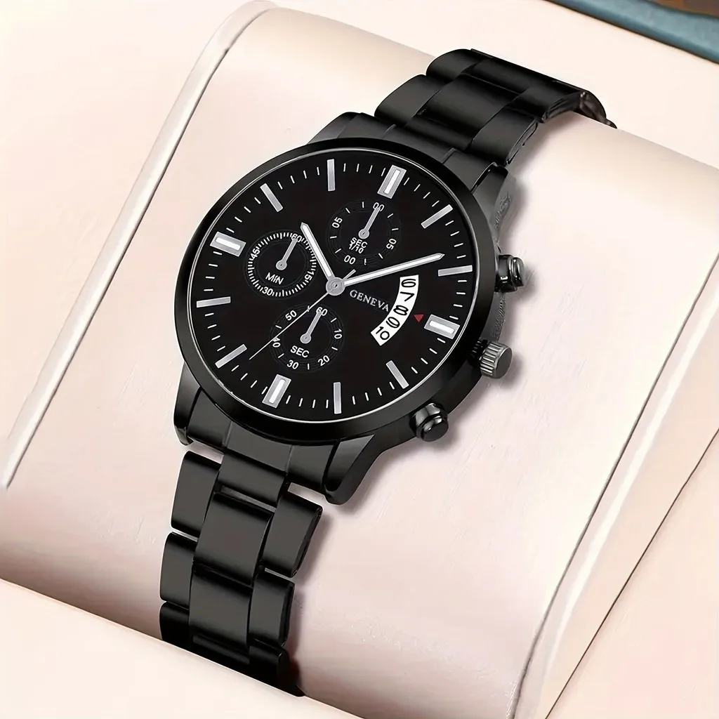 Kegllect 3PCS Men Quartz Watch Business Fashion Mental Wrist  Stainless Steel Strap and Necklace Bangle Set Ideal for Boys 4