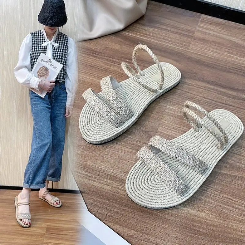 

Summer Minimalist Straight Tape Women Slide Sandals Beach Hemp Rope Slides Espadrille Beach Slipper Two Straw Straps Shoes New