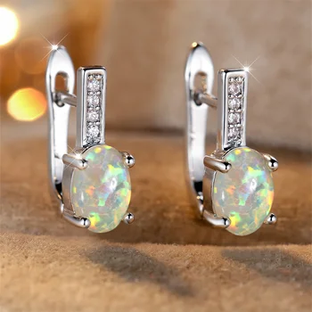 White Blue Green Purple Opal Oval Stone Hoop Earrings For Women Vintage Fashion Rose Gold Silver Color Wedding Jewelry Accessory