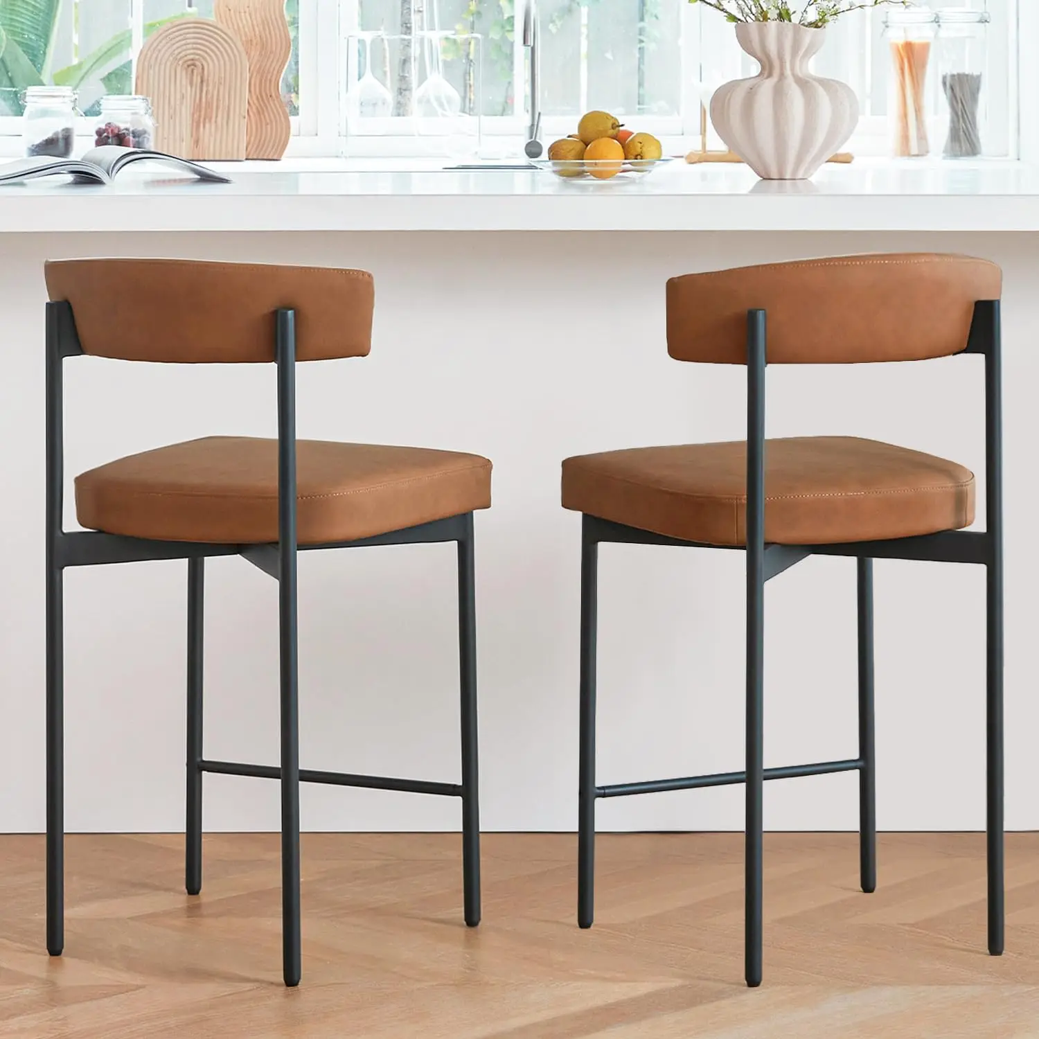 Brown Modern Bar Stools Set of 2, 24 Inch Faux Leather Counter Stools with Curved Backrest, Counter Height Bar Stool